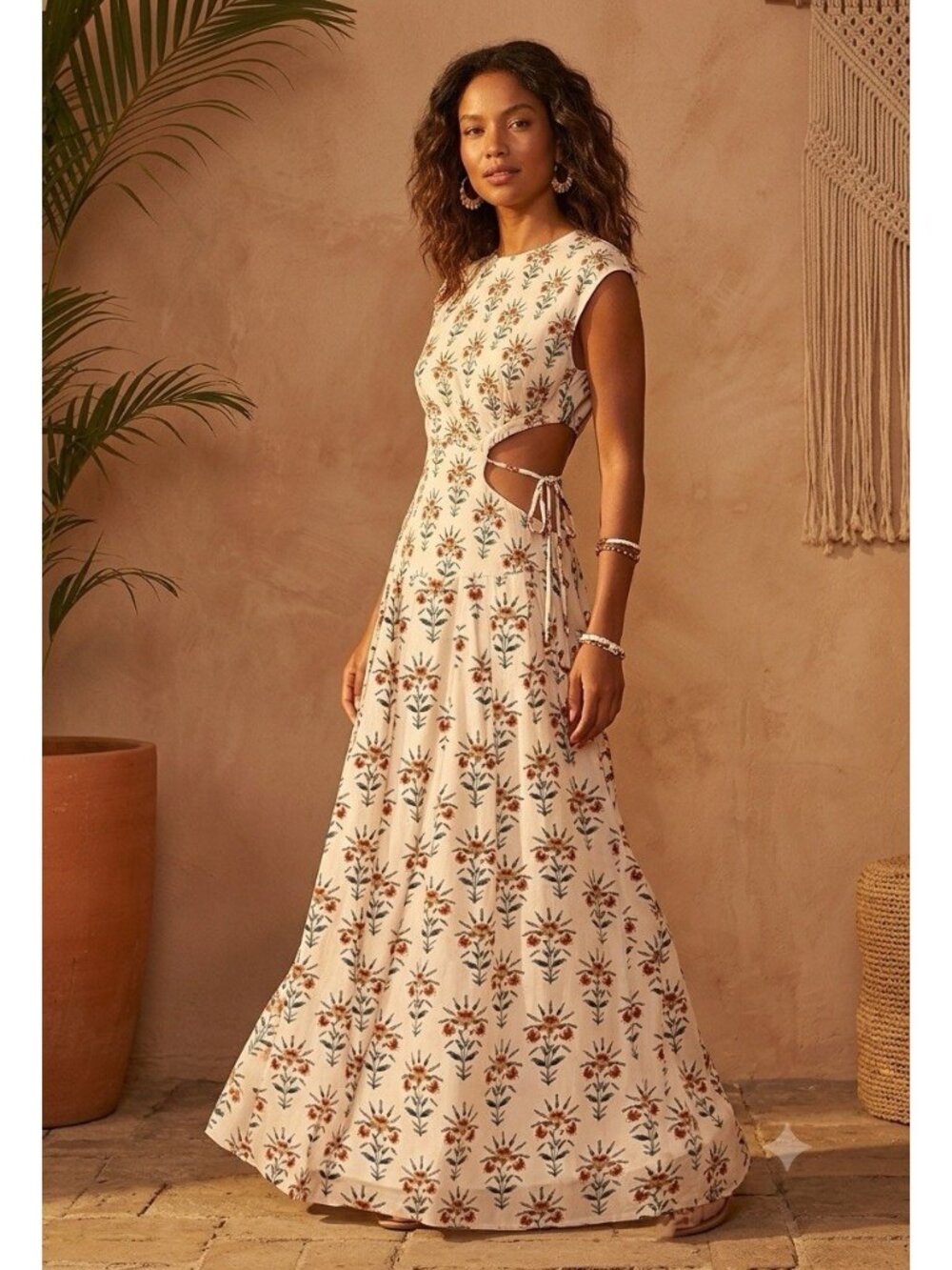 Agua Bendita Otono Midi Dress wi th Side Cutout size XS 100% Cotton Floral